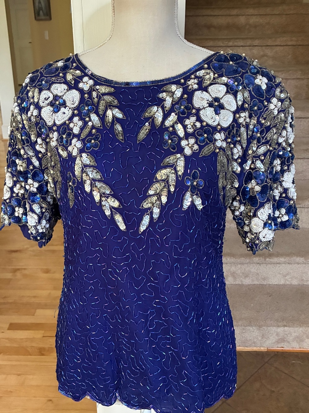 Stenay Vintage Embellished Beaded Floral Royal Blue Women's Top